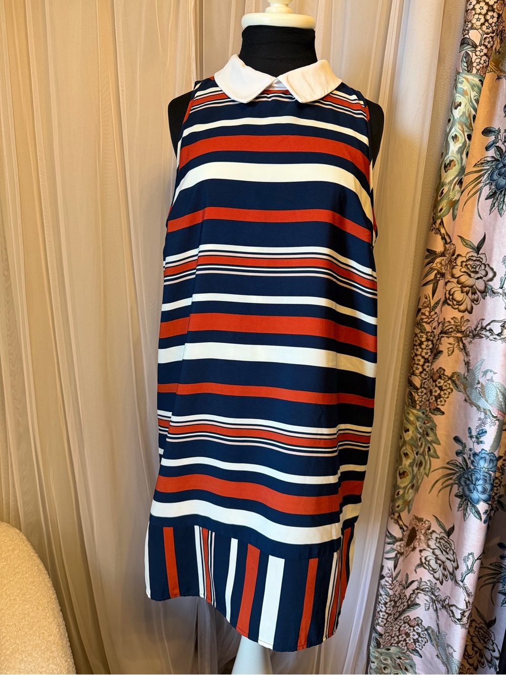 Monteau Navy, White & Rust Striped Sleeveless Shift Dress with Peter Pan Collar